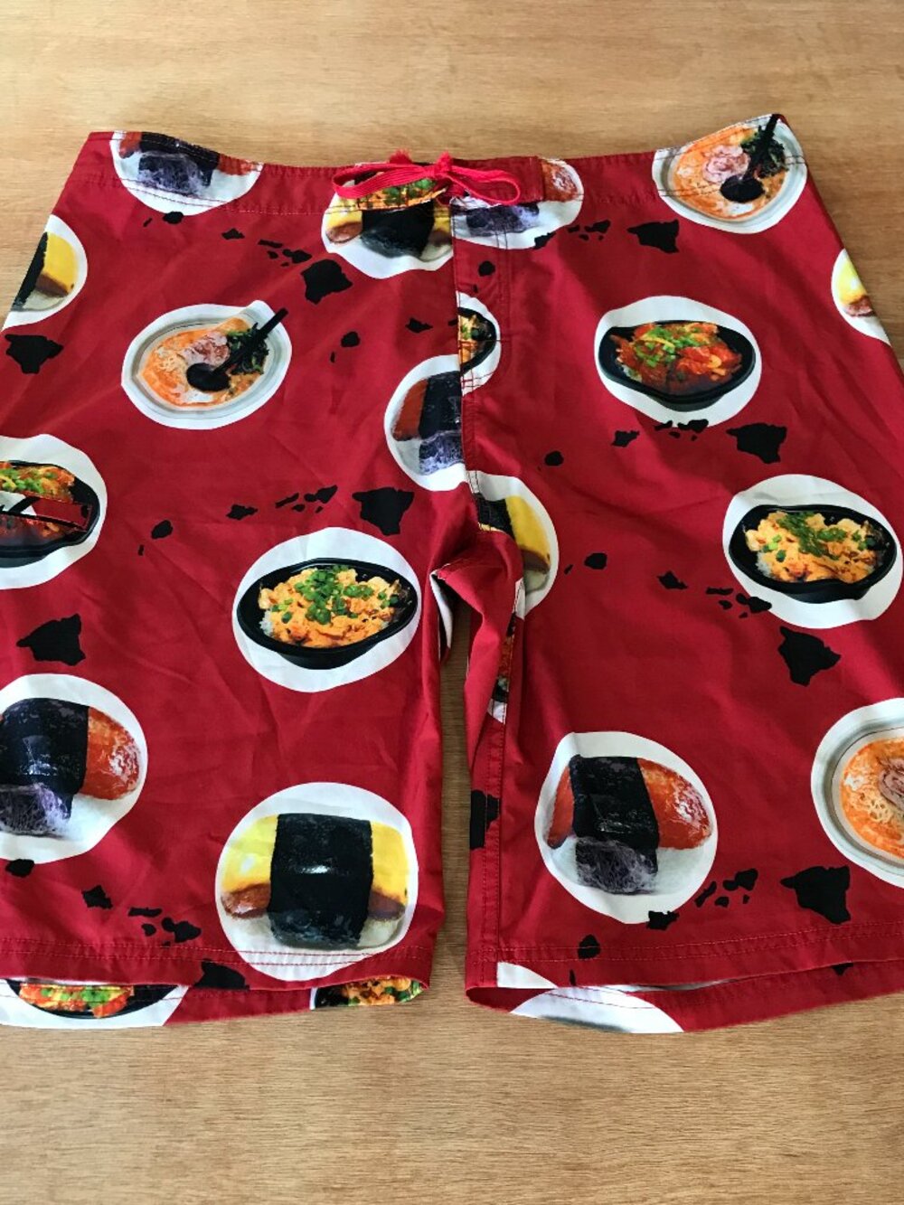 Wailoa Board Swim Shorts Men 42 Red Hawaiian Food Tie Waist Zip Pocket Beach
